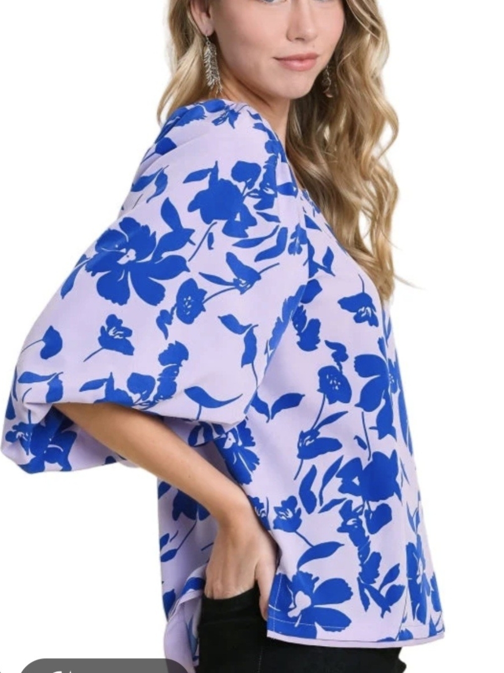 Umgee Lavender Top with Bright Blue Floral Print